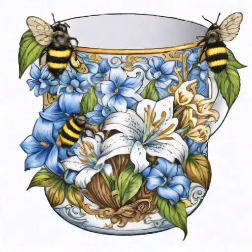 a coffee mug with coffee in it surrounded by lilies and blue bell flowers with a bumble bee  tattoo design idea