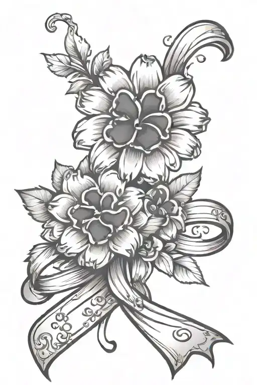 Stemmed flower with ribbon that has paw prints on it with a chocolate cookie int he base of the paw prints.  tattoo design idea