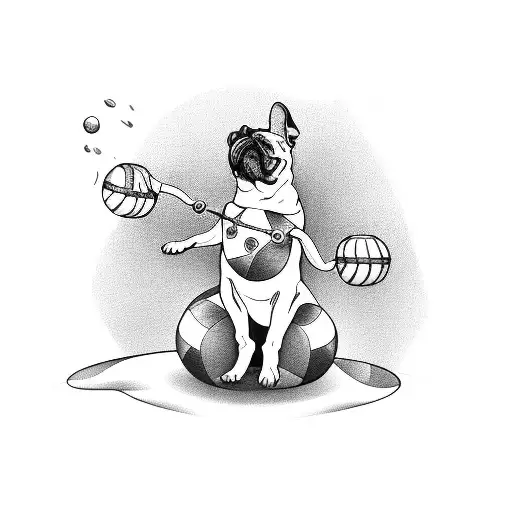 A sketch-style tattoo of a dog juggling various vegetables in a circus ring tattoo design idea