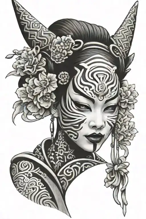 oni mask geisha covering her face tattoo design idea