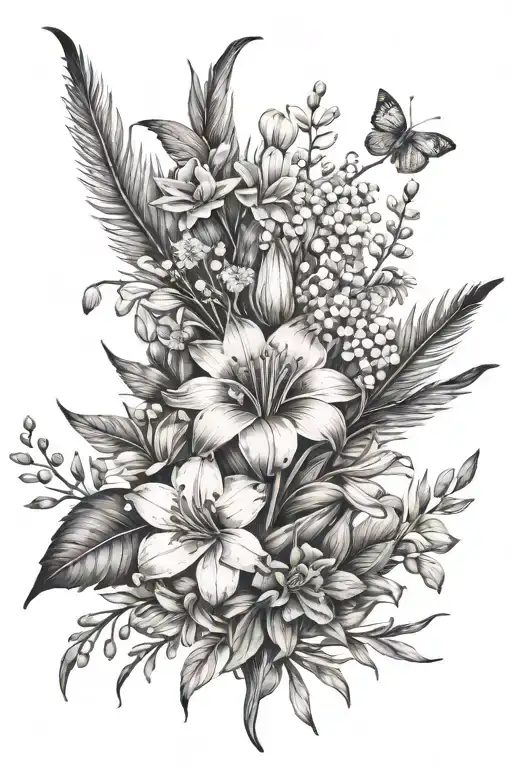 indian feather with carnations, snowdrops, lily of the valley, hawthorne, water lily, larkspur, morning glory and aster tattoo design idea