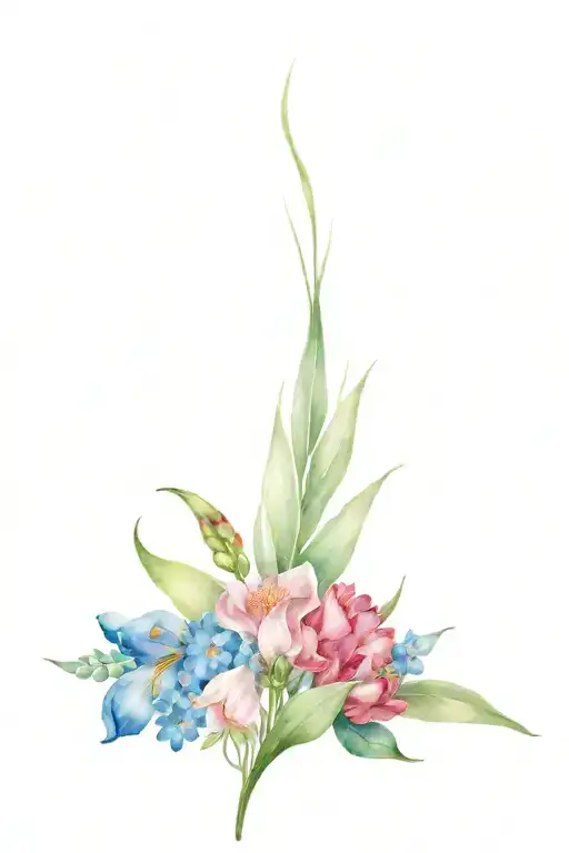 indian feather with carnations, snowdrops, lily of the valley, hawthorne,  water lily, larkspur, morning glory and aster tattoo design idea