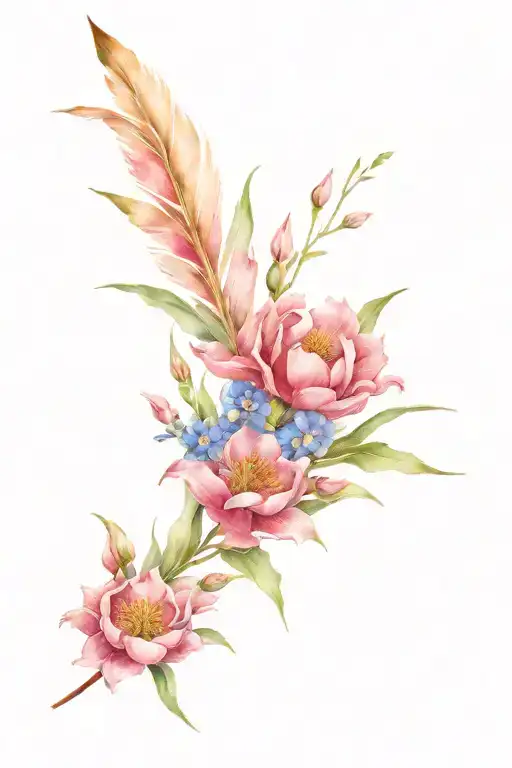 indian feather with carnations, snowdrops, lily of the valley, hawthorne, water lily, larkspur, morning glory and aster tattoo design idea