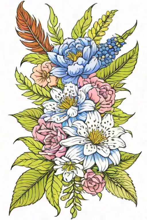 indian feather with carnations, snowdrops, lily of the valley, hawthorne, water lily, larkspur, morning glory and aster tattoo design idea