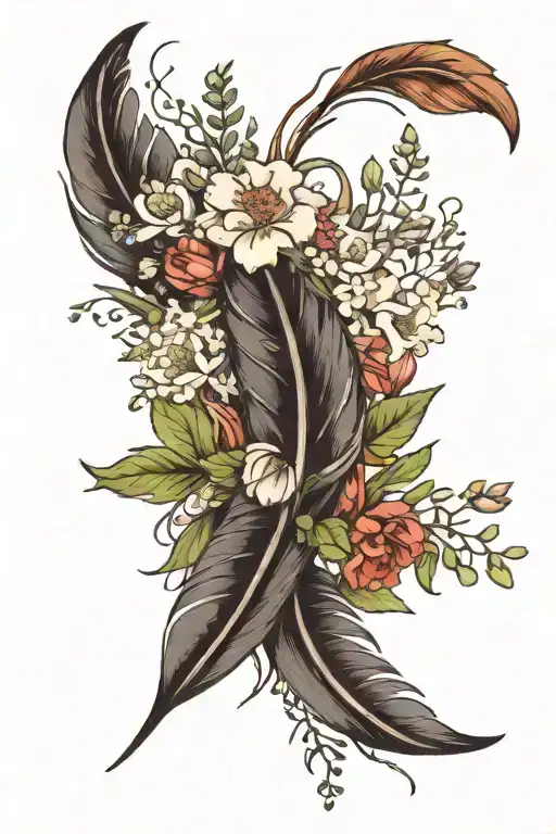 indian feather with carnations, snowdrops, lily of the valley, hawthorne, water lily, larkspur, morning glory and aster tattoo design idea