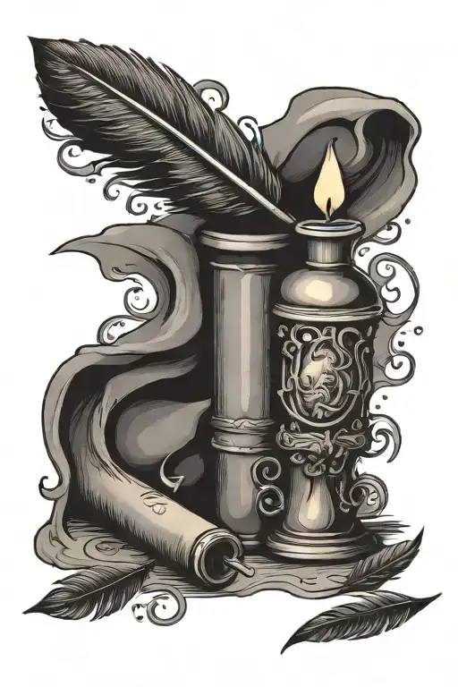 a paper scroll with a quill pen and ink bottle and burning candle tattoo design idea