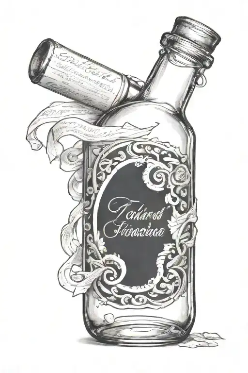 a clear glass wine bottle with a paper scroll inside  tattoo design idea