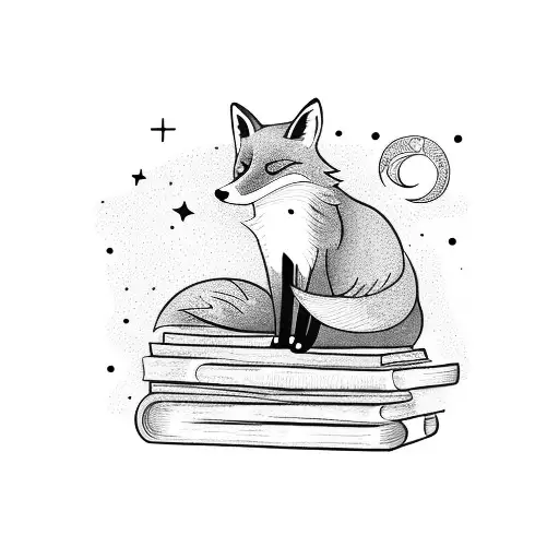 A fox sitting on a pile of books under a starry night sky tattoo design idea
