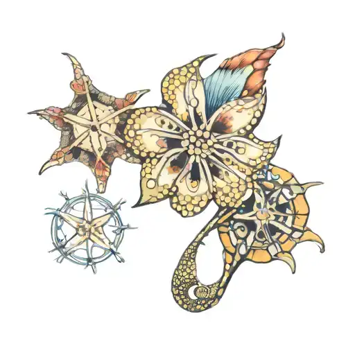 sand dollar seashell with seahorse  tattoo design idea