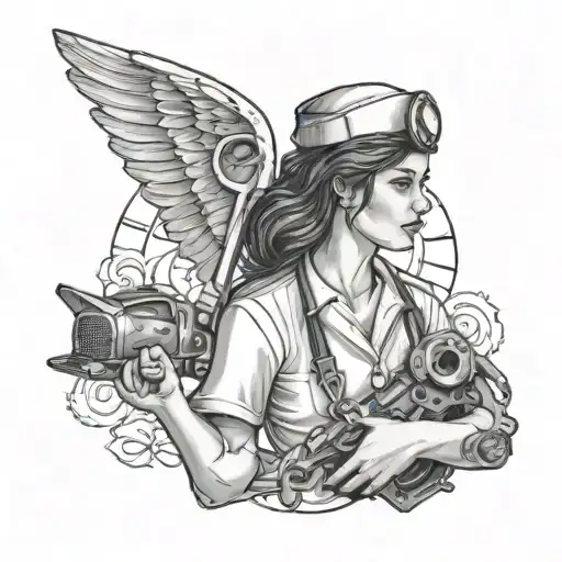 A detailed tattoo of a nurse angel holding a wrench, representing Emily's passion for working on vehicles and her profession as a nurse, tattoo design idea