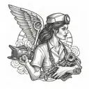 A detailed tattoo of a nurse angel holding a wrench, representing Emily's passion for working on vehicles and her profession as a nurse, tattoo design idea