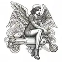 A detailed tattoo of a nurse angel holding a wrench, representing Emily's passion for working on vehicles and her profession as a nurse, tattoo design idea
