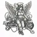 A detailed tattoo of a nurse angel holding a wrench, representing Emily's passion for working on vehicles and her profession as a nurse, tattoo design idea