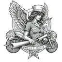 A detailed tattoo of a nurse angel holding a wrench, representing Emily's passion for working on vehicles and her profession as a nurse, tattoo design idea