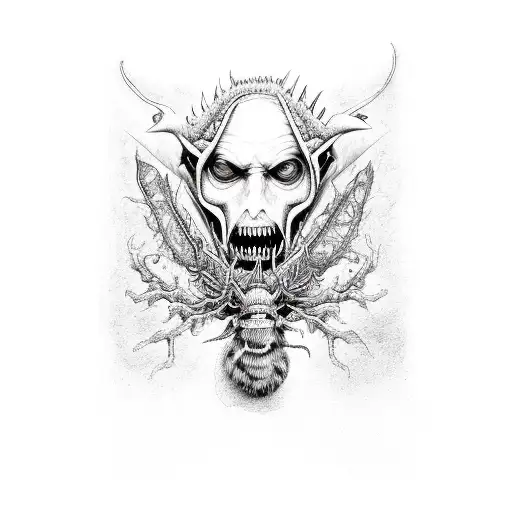 beelzebub baal zebub lord of flies king of demons black and white psychedelic tattoo design idea