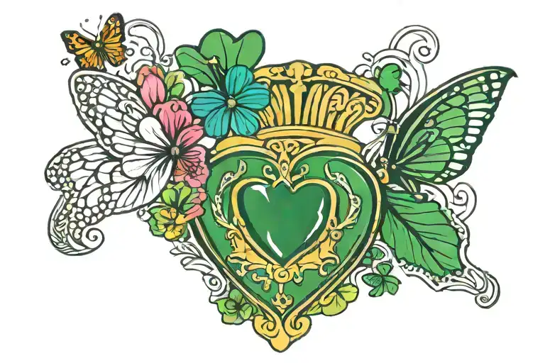 claddagh with shamrock surrounded by colorful butterflies tattoo design idea