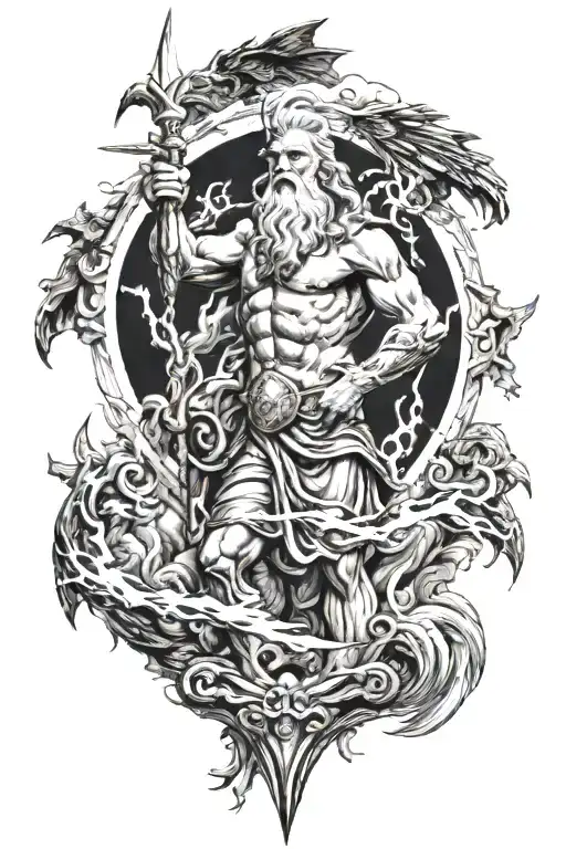 zeus holding his lightning bolt at the top, odin beneath him with his spear, thunder and lightning in the background tattoo design idea