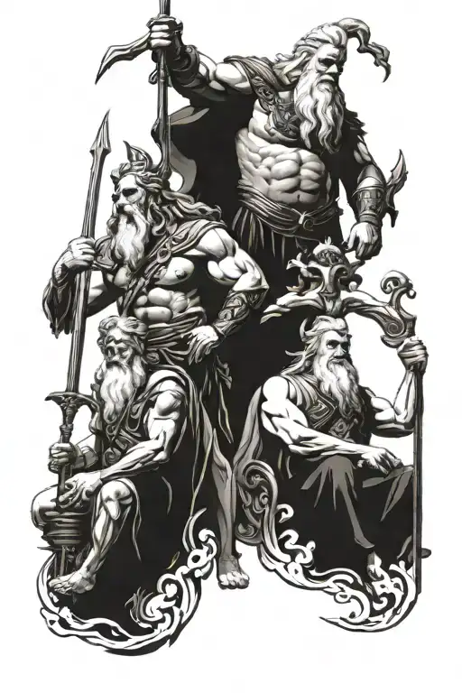 zeus and odin, with other gods, full bodies with weapons tattoo design idea
