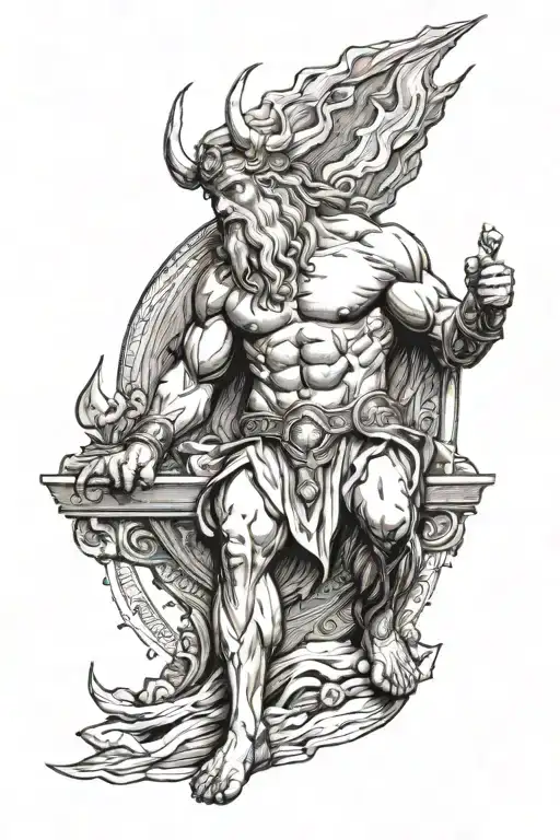 zeus holding his lightning bolt at the top, odin beneath him with his spear, thunder and lightning in the background tattoo design idea