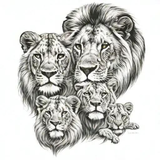A lion and a father with his 3 children tattoo design idea