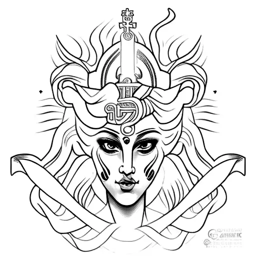 Creates a face image based on the woman of faith artwork in black and white Greek style as a tattoo format next to a Gre tattoo design idea