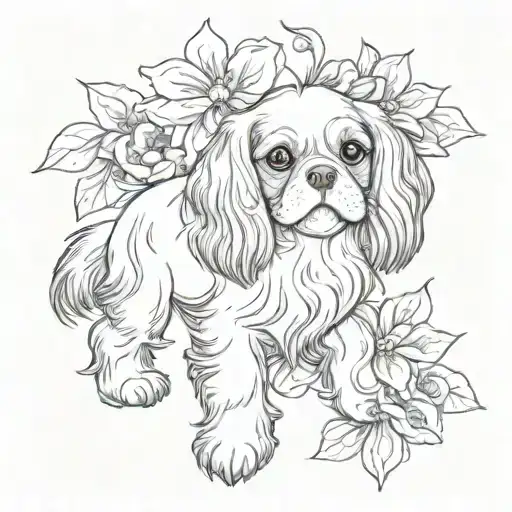 cavalier king charles spaniel puppy rolling in flowers tattoo design idea