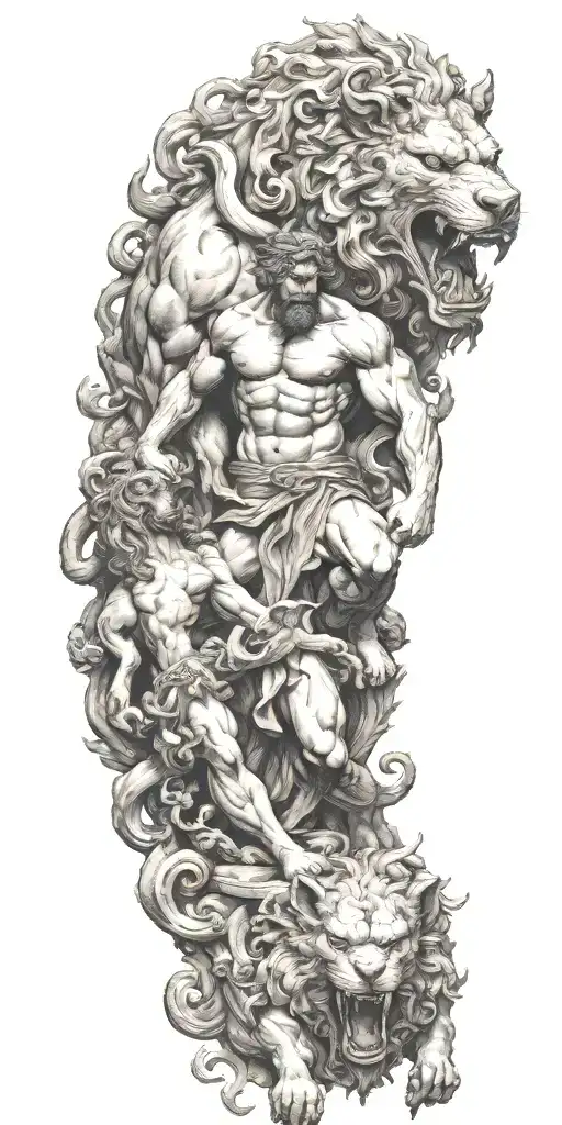 Hercules fighting Cerberus with a lot of details in an old ancient greek design tattoo design idea