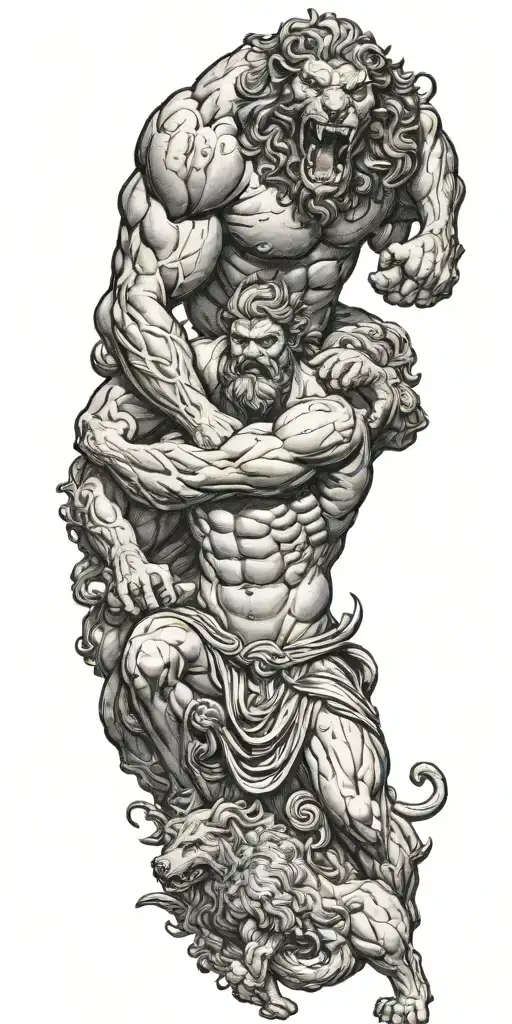 Hercules fighting Cerberus with a lot of details in an old ancient greek design tattoo design idea