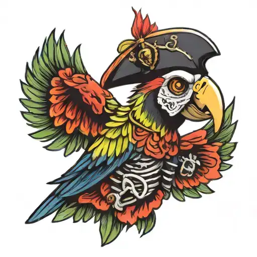 skeleton parrot with a pirate hat on his head tattoo design idea
