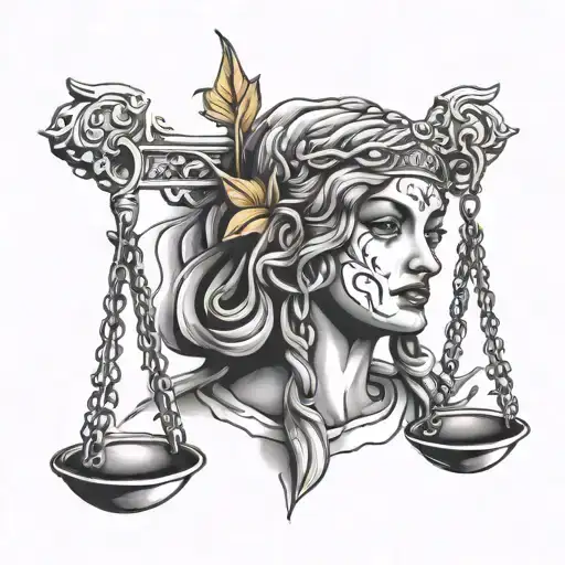 Lady justice with the happy and Sad mask on her face tattoo design idea