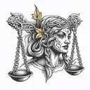 Lady justice with the happy and Sad mask on her face tattoo design idea