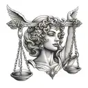 Lady justice with the happy and Sad mask on her face tattoo design idea