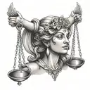 Lady justice with the happy and Sad mask on her face tattoo design idea
