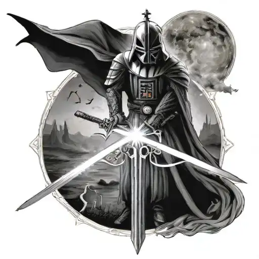 I want a tattoo with the sword of Gondor, the darth Vader lightsaber and the elder wand. The tattoo should be located on tattoo design idea