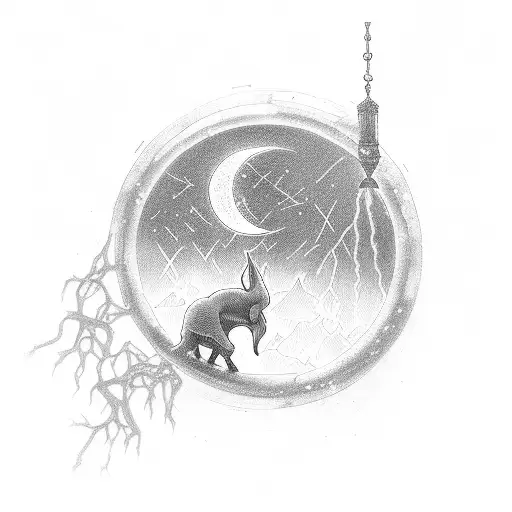 dark room with a open door with light a broken chain inside the room and the moon stages ahead tattoo design idea