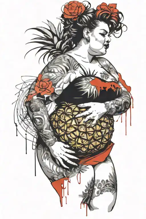 chubby woman, holding pineapple, outline, nsfw curvy plus size tattoo design idea