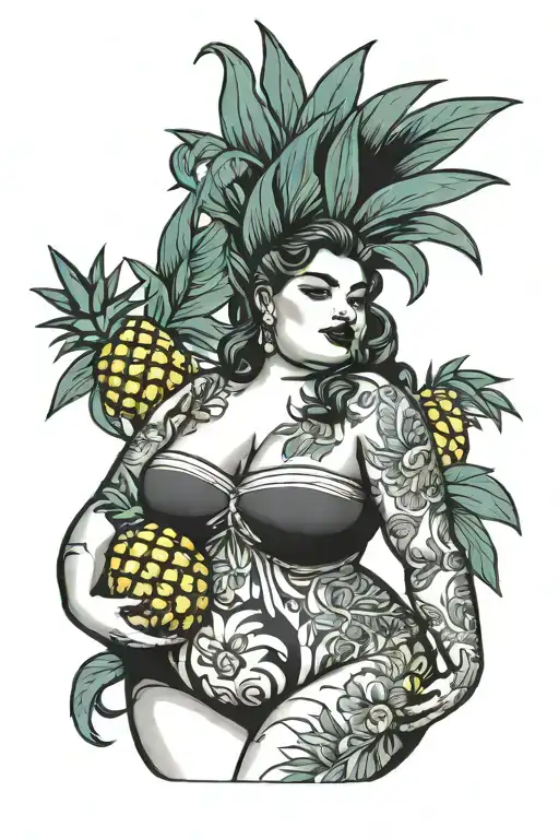 chubby woman, holding pineapple, outline, nsfw  tattoo design idea