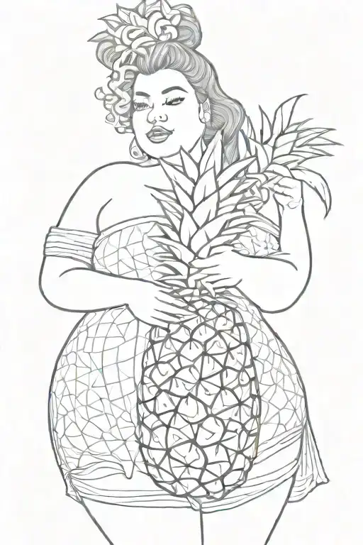 chubby woman holding pineapple outline nsfw curvy plus size tattoo design idea