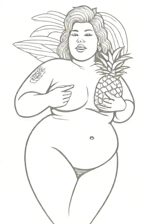chubby woman, holding pineapple, outline, nsfw  tattoo design idea