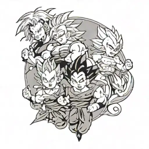 tatuaje en brazo derecho, de manga entera, de la serie dragon ball, con los personajes de goku, majin boo, shen long, go tattoo design idea