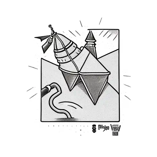 an old pipe chipney poping up form a roof, with a triangular hat on it tattoo design idea