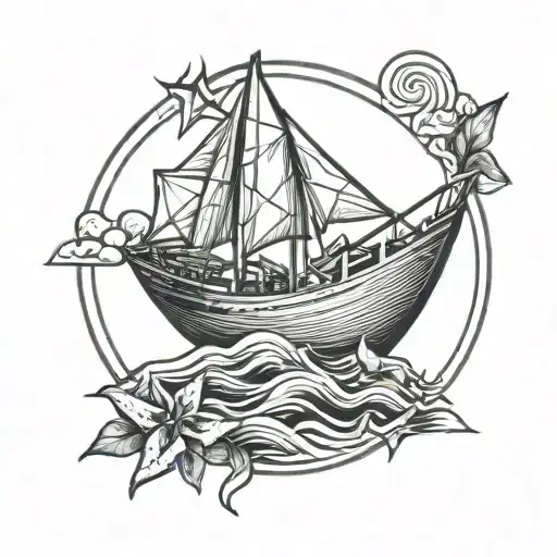 Creat a traditional tattoo of an origami paper boat on the ocean inside of a circle tattoo design idea