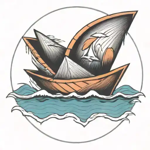 Creat a traditional tattoo of an oragami paper boat on the ocean inside of a circle tattoo design idea