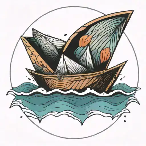 Creat a traditional tattoo of an oragami paper boat on the ocean inside of a circle tattoo design idea