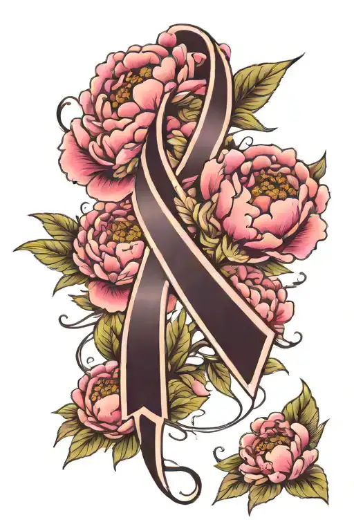 breast cancer ribbon with peony flowers surrounding tattoo design idea