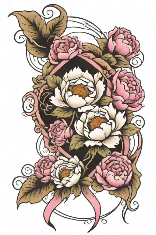 breast cancer ribbon with 3 peony flowers surrounding tattoo design idea