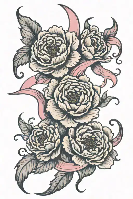 breast cancer ribbon with 3 peony flowers surrounding tattoo design idea