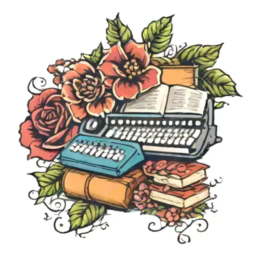 books, keyboard, flowers intertwined tattoo design idea