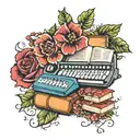 books, keyboard, flowers intertwined tattoo design idea