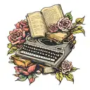 books, keyboard, flowers intertwined tattoo design idea